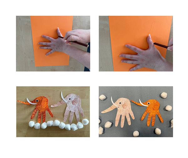 Step-by-step collage of how to make woolly mammoth handprints