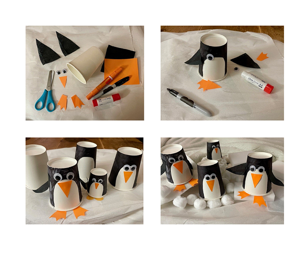 Step-by-step collage of how to make paper cup penguins