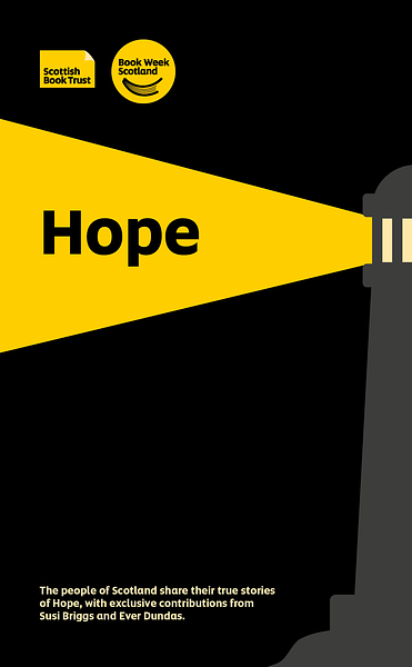 A graphic image of a lighthouse on a black background shining yellow light on the word 'Hope'
