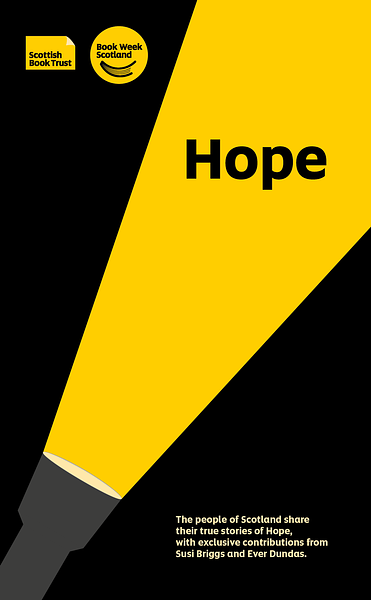 A graphic image of a torch on a black background shining yellow light on the word 'Hope'