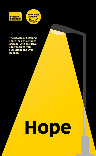 A graphic image of a street light on a black background shining yellow light on the word 'Hope'
