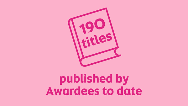 Graphic with pink background and book icon stating that 190 titles have been published by New Writers Awardees 